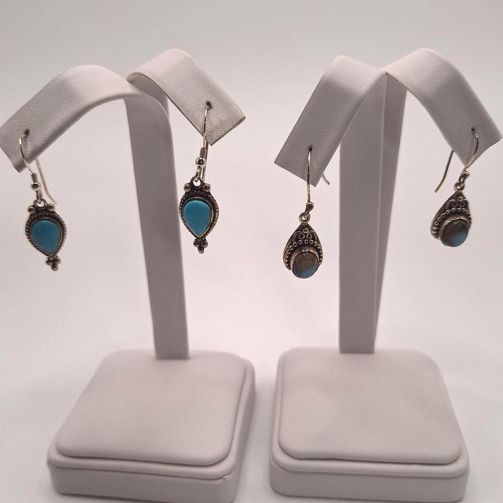Turquoise labradorite drop dangle earrings in sterling silver set of 2